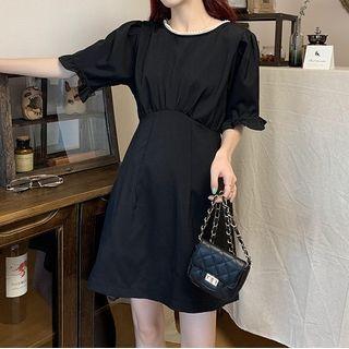 Faux Pearl Short-sleeve Blouse / Mini A-line Dress