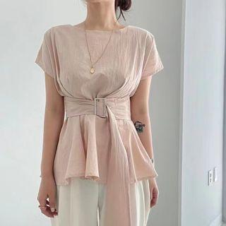 Short Sleeve Crinkle Belted Blouse
