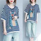 Elbow-sleeve Striped Cat Print T-shirt