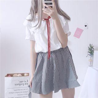 Off-shoulder Short-sleeve Blouse / Gingham A-line Skirt
