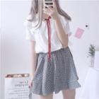 Off-shoulder Short-sleeve Blouse / Gingham A-line Skirt