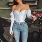 Puff-sleeve Off-shoulder Buttoned Top