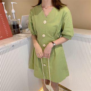 Puff-sleeve Buttoned A-line Dress Green - One Size