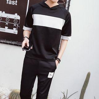 Set: Hooded Short-sleeve Color Block T-shirt + Sweatpants