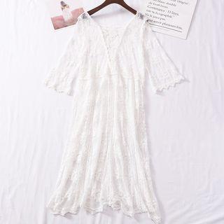 Elbow-sleeve A-line Lace Dress White - One Size