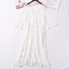 Elbow-sleeve A-line Lace Dress White - One Size