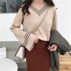 Bell-sleeve Loose-fit V-neck Striped Knitted Sweater