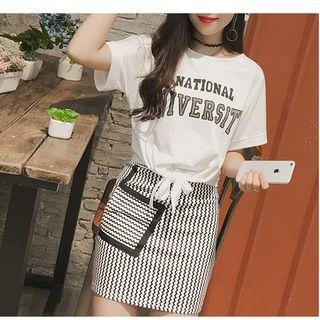 Set: Lettering Short Sleeve T-shirt + Striped Mini Skirt