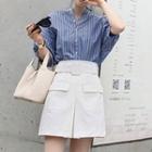 Set: V-neck Elbow-sleeve Blouse + Pocket Detail A-line Skirt
