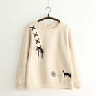 Cat Embroidered Lace-up Fleece-lined Pullover