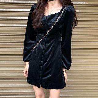 Letter Embroidered Long-sleeve Mini A-line Dress Black - One Size