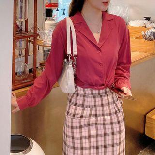Long-sleeve Shirt / Plaid Midi Shift Skirt