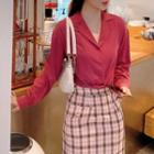 Long-sleeve Shirt / Plaid Midi Shift Skirt
