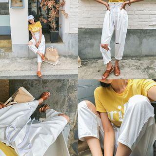 Paperbag-waist Distressed Baggy-fit Pants