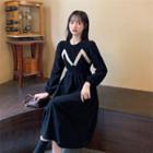 Mock Two-piece Long-sleeve Lace Trim Midi A-line Corduroy Dress