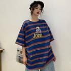 Short-sleeve Lettering Striped Round Neck T-shirt