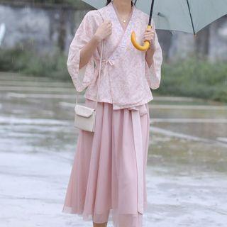 Set: Tie-waist Floral Top + Mesh Overlay Midi Skirt Pink - One Size