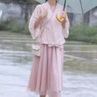Set: Tie-waist Floral Top + Mesh Overlay Midi Skirt Pink - One Size