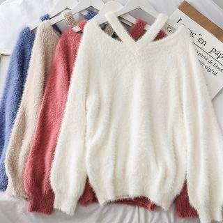 Off-shoulder Furry-knit Halter Top