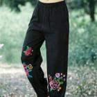Flower Embroidered Band Waist Baggy Pants