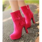 Faux Suede Ribbon Accent High Heel Booties