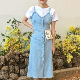 Spaghetti Strap Frill-trim Denim Dress