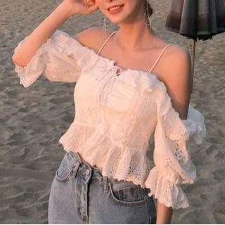 Cold-shoulder Bell-sleeve Eyelet Blouse