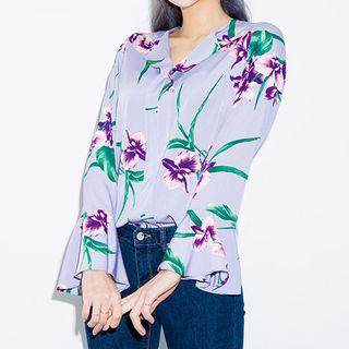 Ruffle-cuff Floral Pattern Blouse