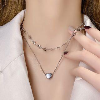 Heart Pendant Stainless Steel Layered Necklace X706 - Silver - One Size