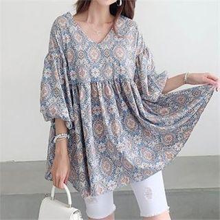 Balloon-sleeve Ethnic-pattern Shirred Top