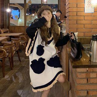 Long-sleeve T-shirt / Frill Trim Cow Print Sweater Vest