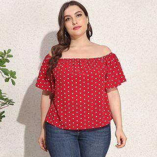 Plus Size Short-sleeve Off-shoulder Dotted Top