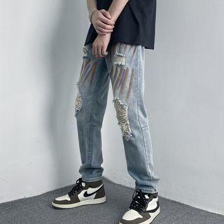 Print Distressed Straight Leg Jeans