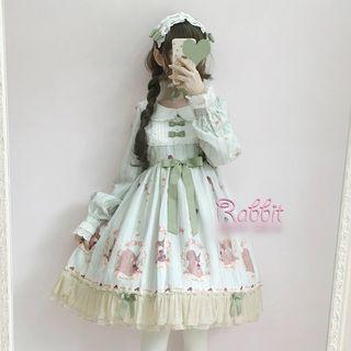 Bow-accent Frilled Printed A-line Dress / Head Band