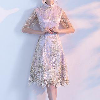 Elbow-sleeve Lace Trim Cocktail Dress