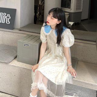 Puff-sleeve Frill Trim Mesh Overlay A-line Dress White - One Size
