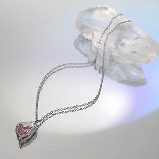 Heart Rhinestone Pendant Stainless Steel Necklace Necklace - Heart - Pink - One Size