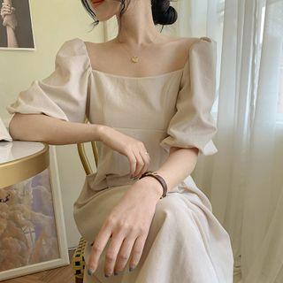 Balloon-sleeve Midi A-line Dress Almond - One Size