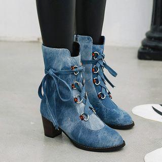 Lace-up Denim Block Heel Short Boots