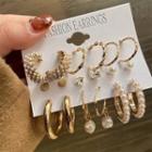 Set Of 9: Hoop Earring + Faux Pearl Hoop Earring + Stud Earring Set Of 9 - Gold - One Size