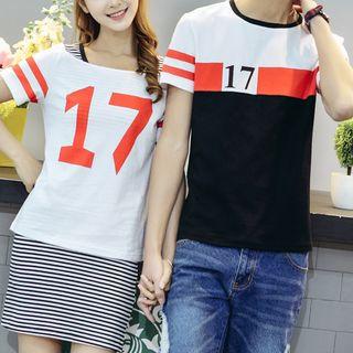 Couple Matching Number Print Short Sleeve T-shirt / Set: Short Sleeve T-shirt + Striped Tank Dress