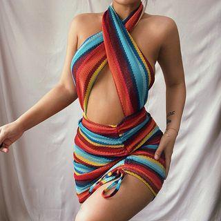 Halter Striped Cutout Mini Bodycon Dress
