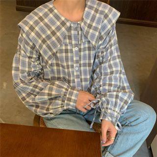 Ruched Sleeve Collared Plaid Blouse