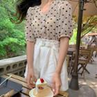 Elbow-sleeve Heart Patterned Buttoned Top / Wide-leg Shorts