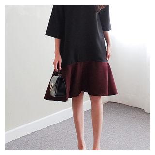 3/4-sleeve Ruffle-hem Color-block Dress