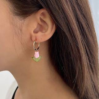 Tulip-pendant Hoop Earrings Pink & Green - One Size