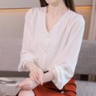 Long-sleeve Silky Button-up Blouse