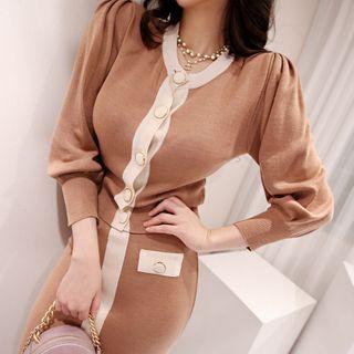 Set: Puff-sleeve Cardigan + Midi Knit Skirt Cardigan - Khaki - One Size / Skirt - Khaki - One Size