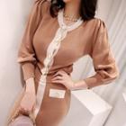 Set: Puff-sleeve Cardigan + Midi Knit Skirt Cardigan - Khaki - One Size / Skirt - Khaki - One Size