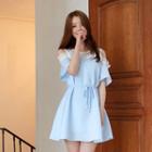 Cutout-shoulder Lace-yoke A-line Mini Dress